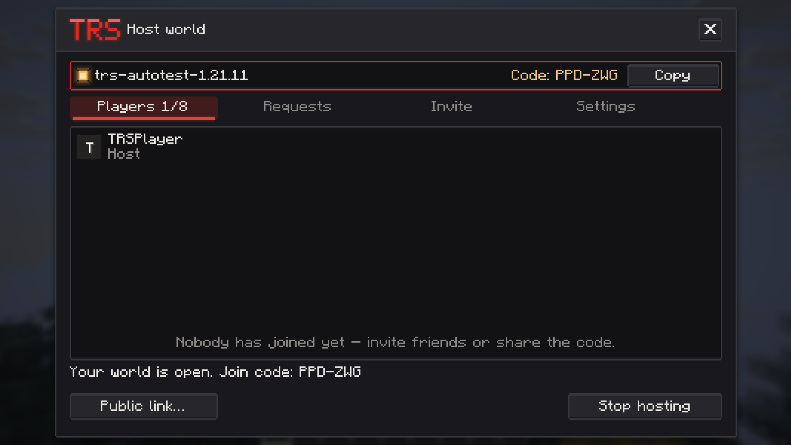 The Host world window with players and join code