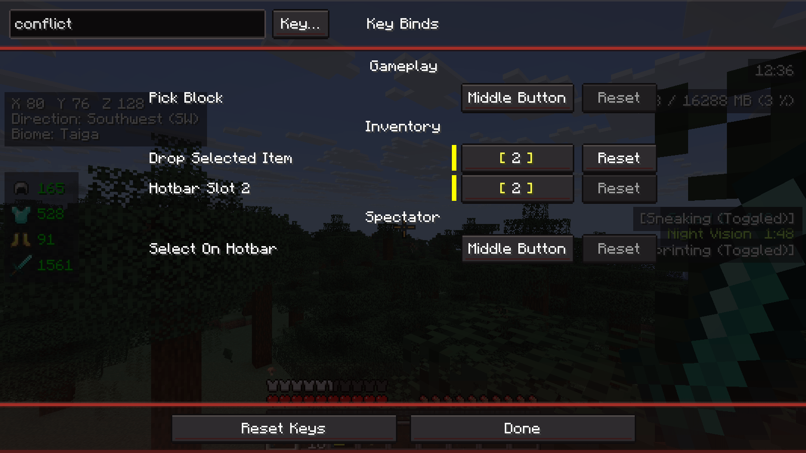 Key bind search with the conflict filter