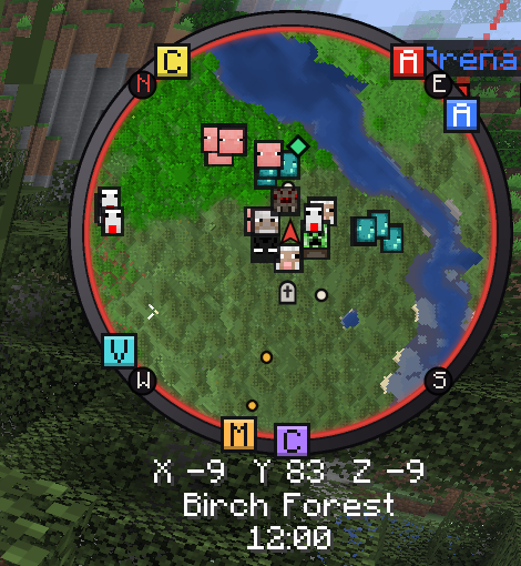 Round minimap with compass ring, waypoints on the edge and coordinates below