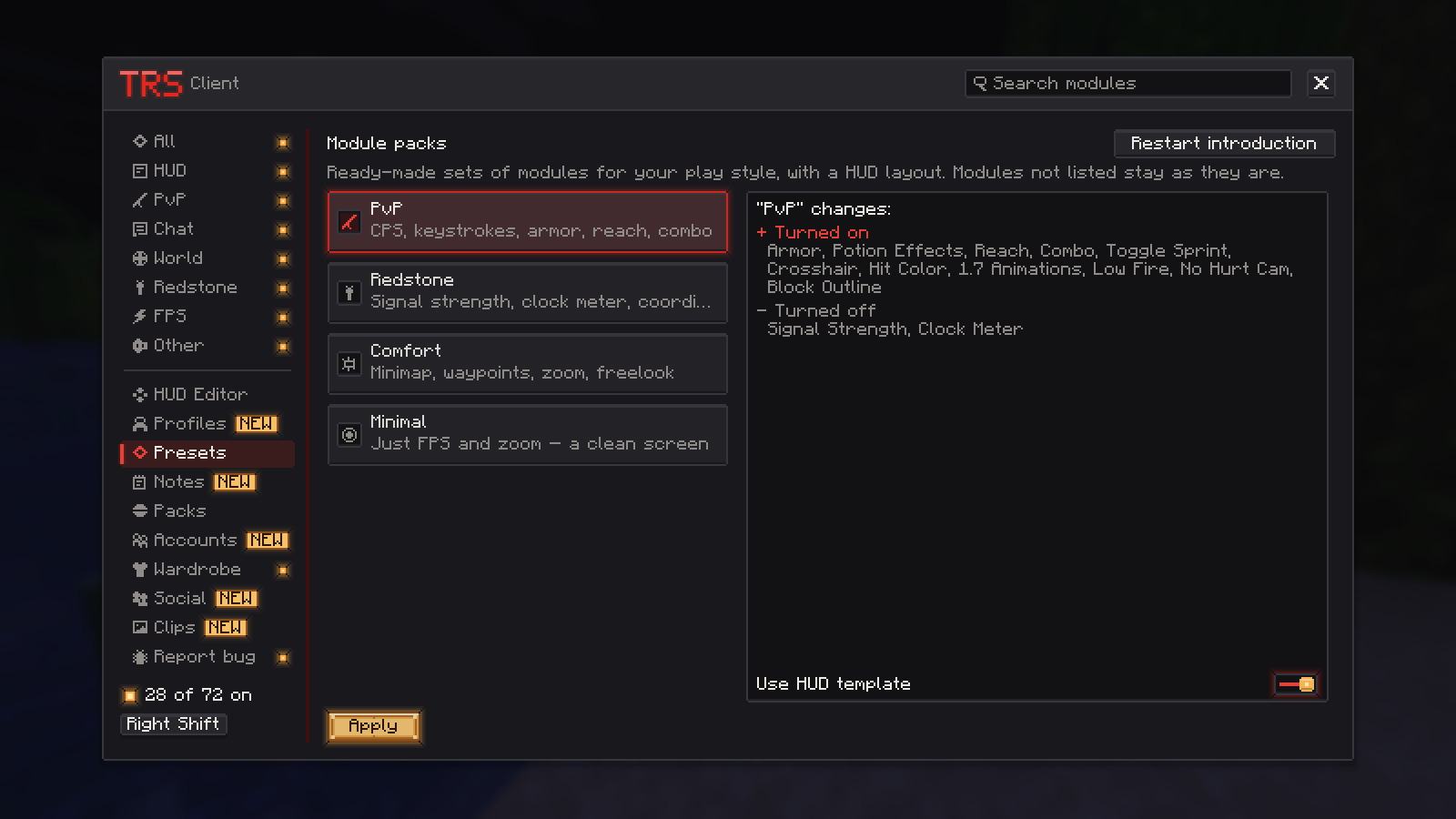 Module packs with the preview of what changes