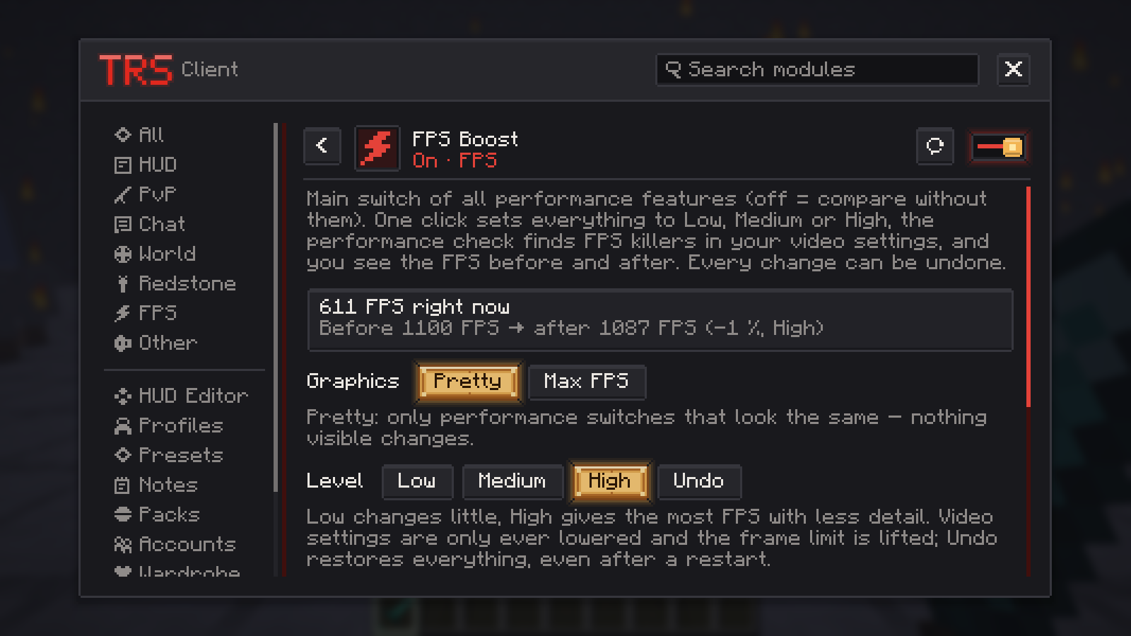 The FPS Boost page with levels, FPS before and after and the performance check