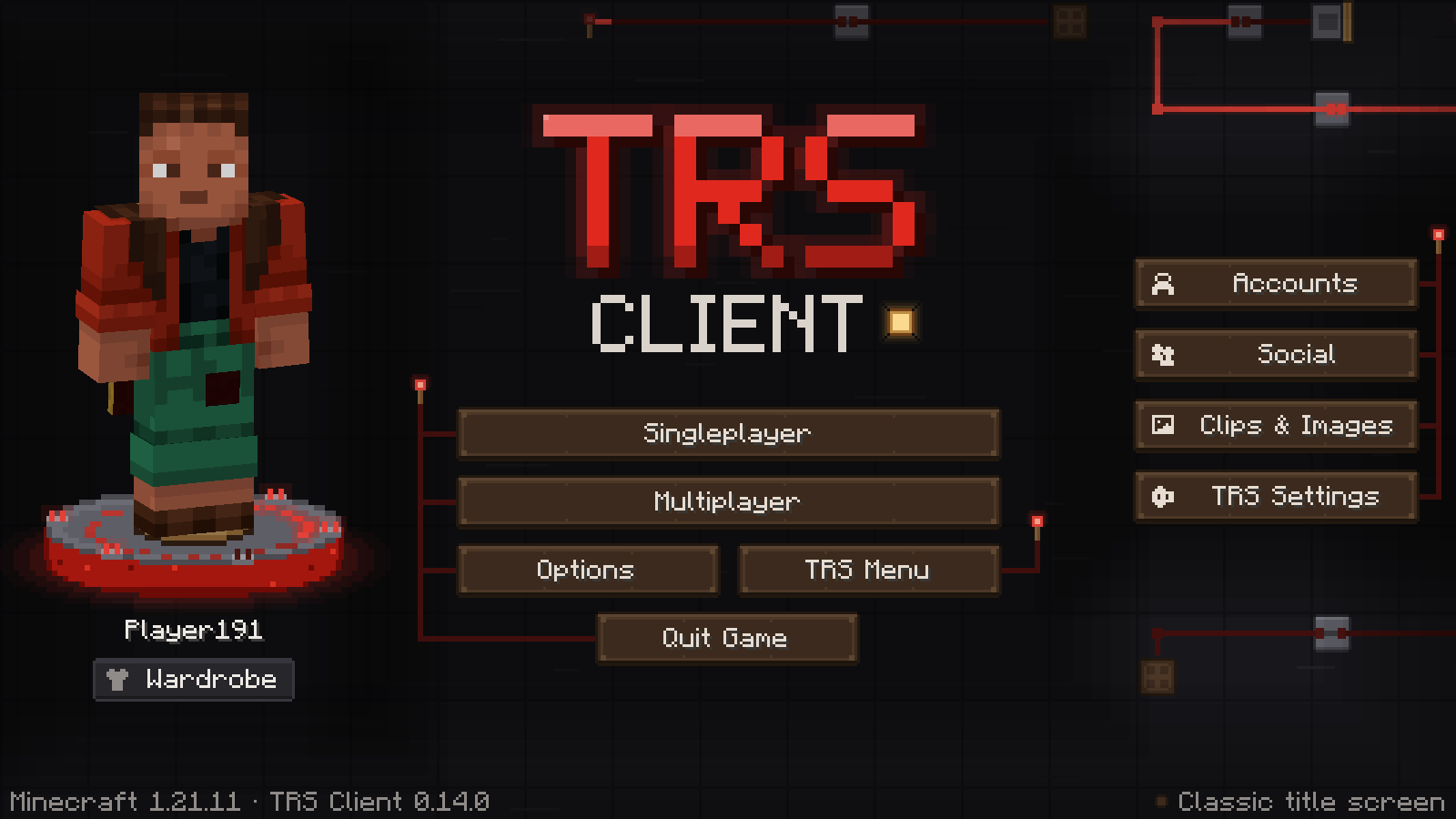 The TRS Client title screen with your skin on a redstone turntable