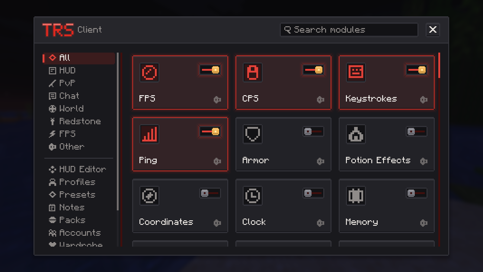 The TRS menu with module tiles and the category rail on the left