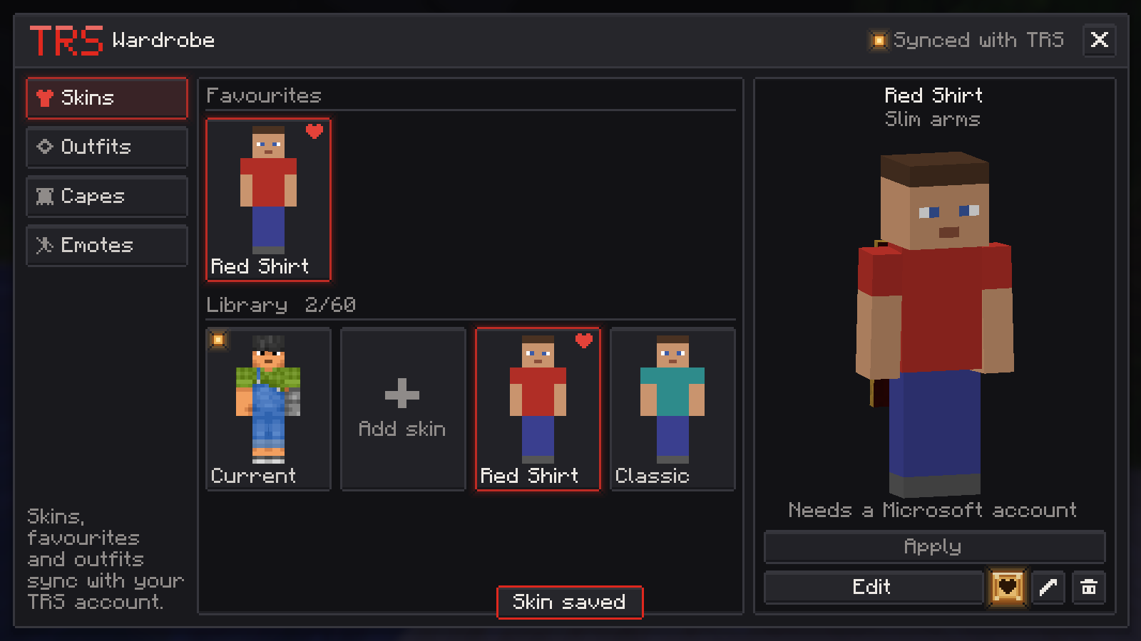 The wardrobe with skins, favourites and 3D preview