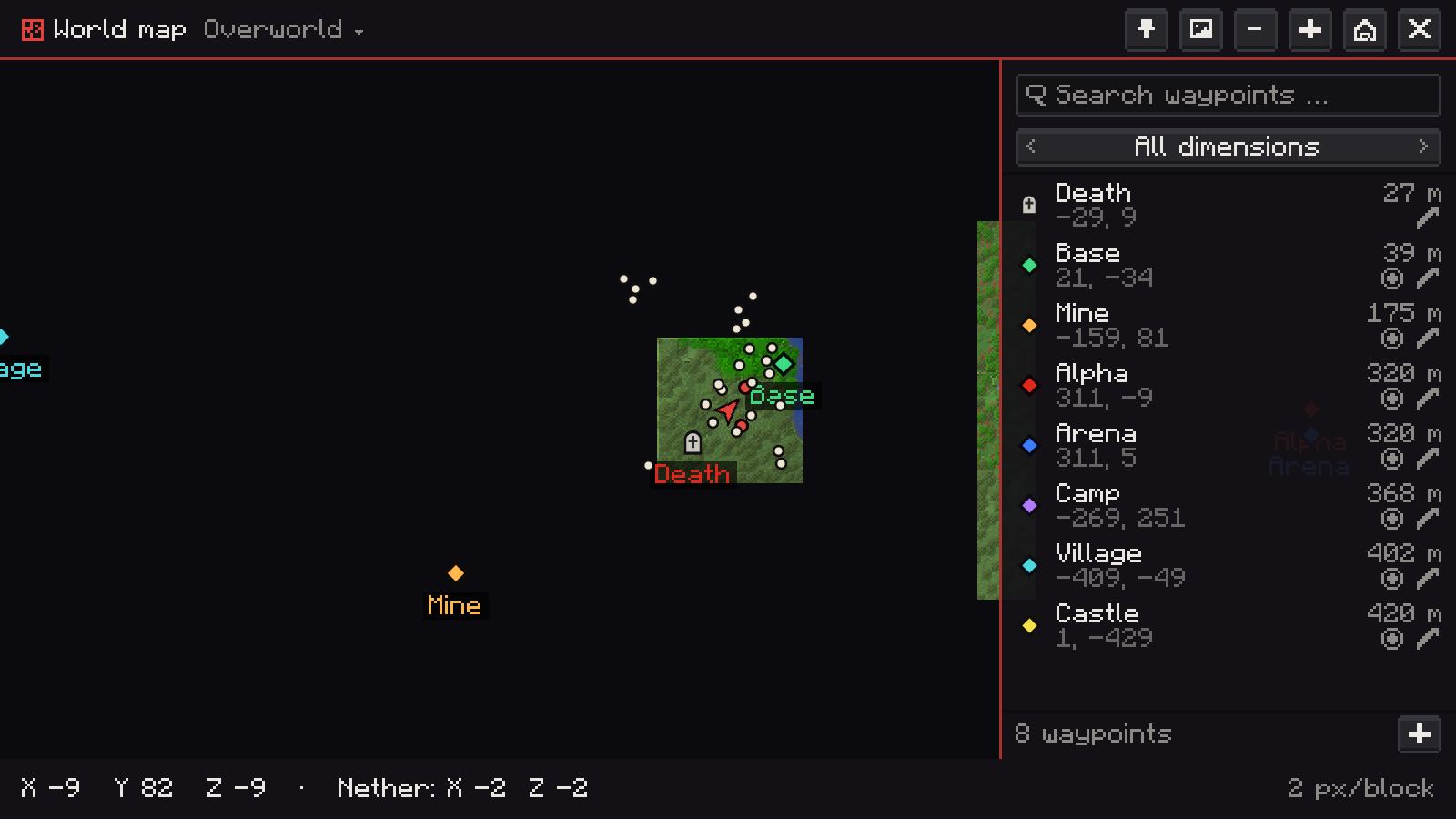 Fullscreen world map with the waypoint list open