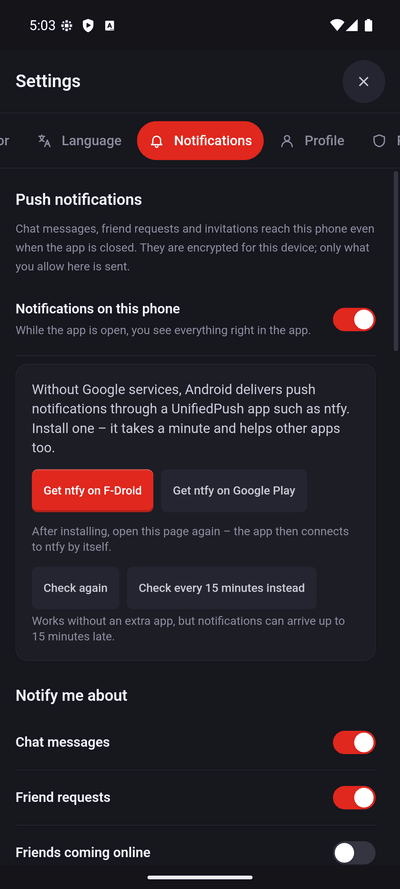 Push-Einstellungen ohne UnifiedPush-App: Knöpfe für ntfy und die Prüfung alle 15 Minuten