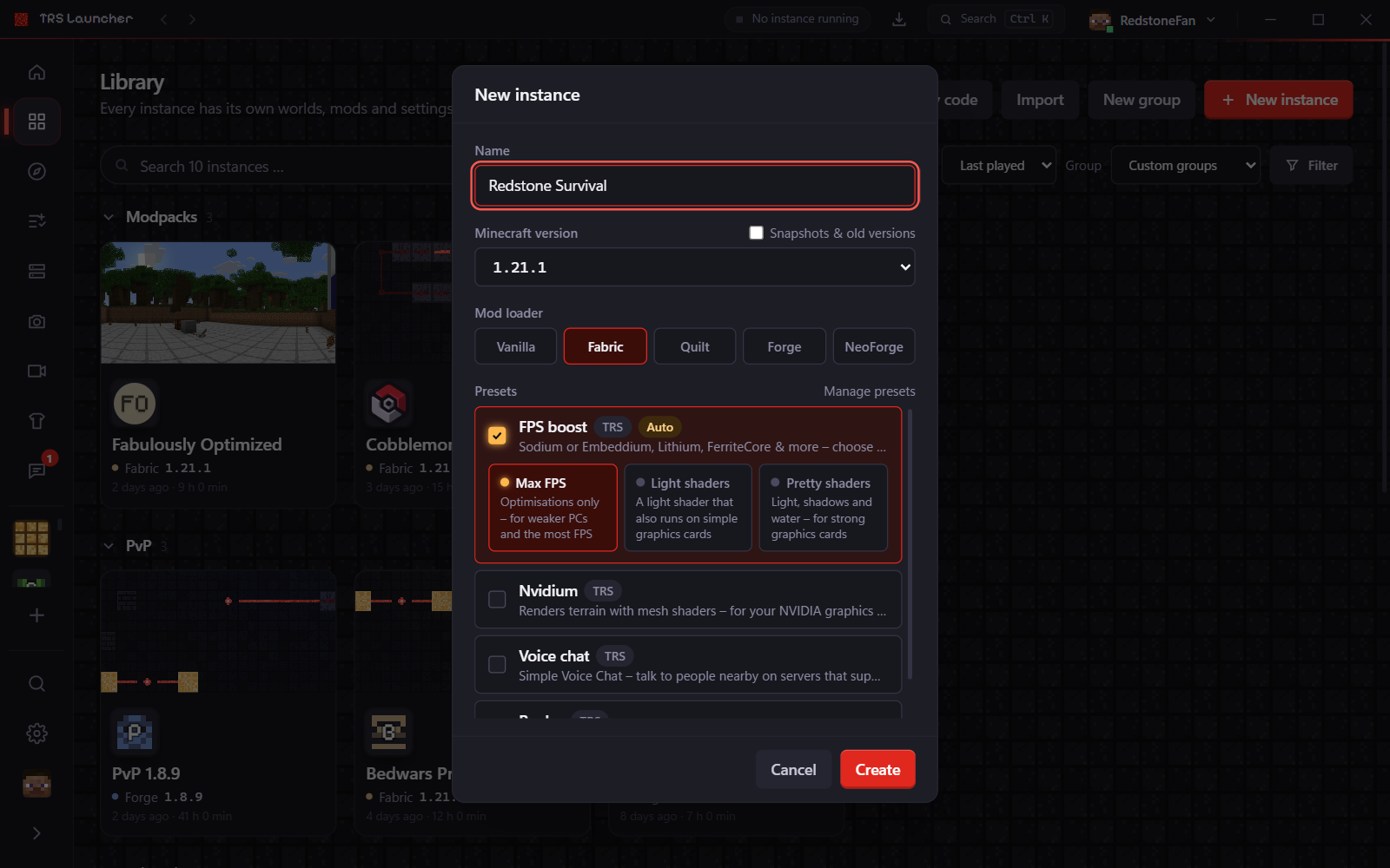The "New instance" dialog with version, mod loader and presets