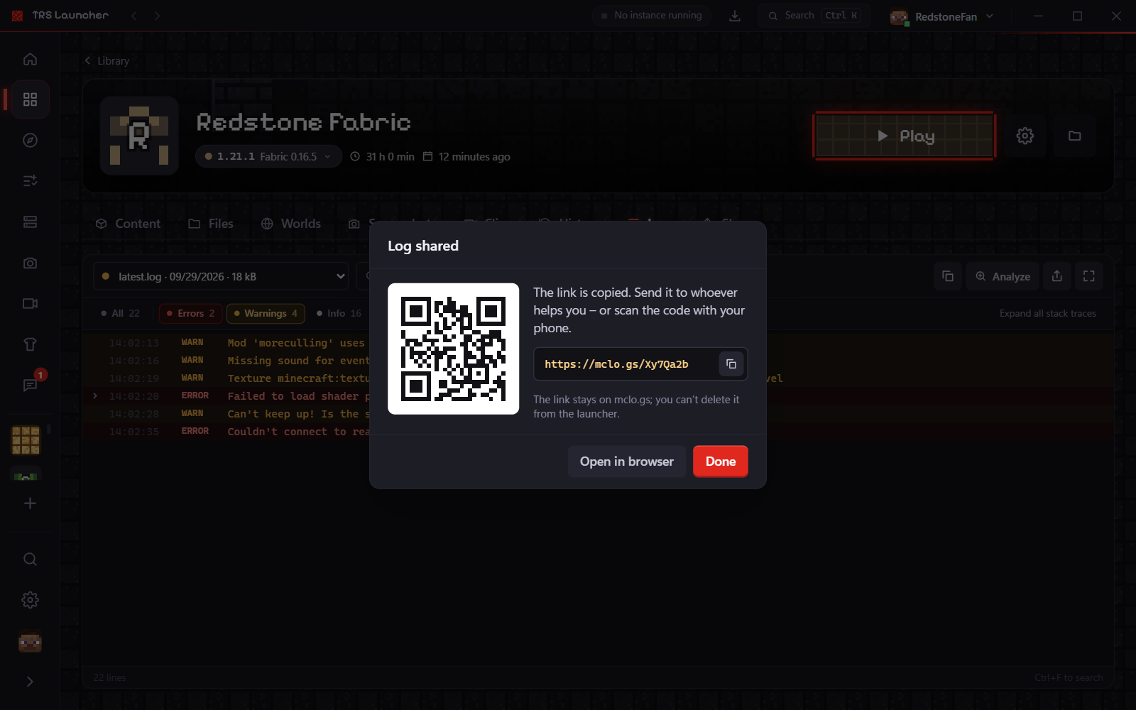 Log shared, with link and QR code