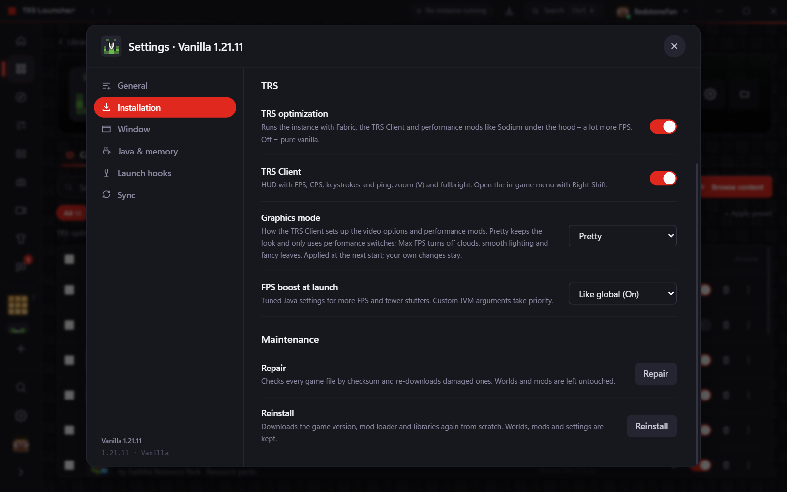 Instance settings, Installation section