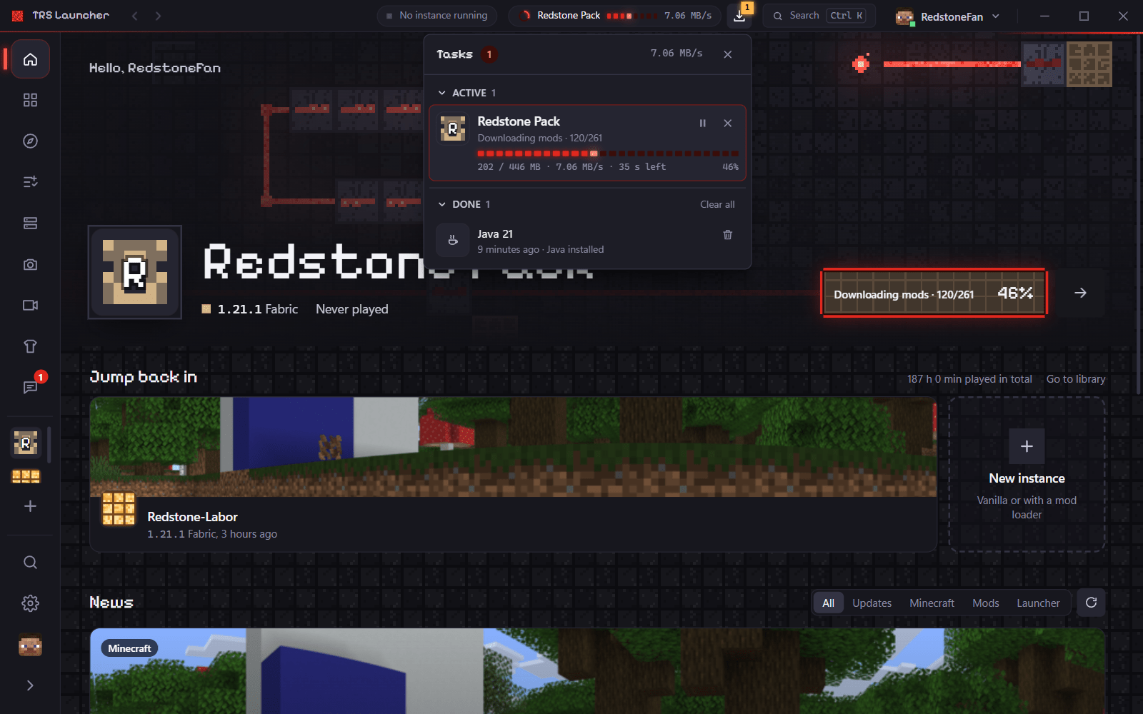 The tasks panel while a modpack installs