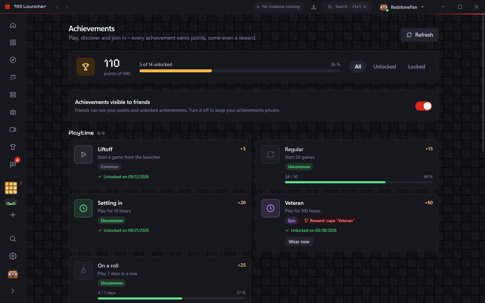 The achievements page with points, rarities and rewards