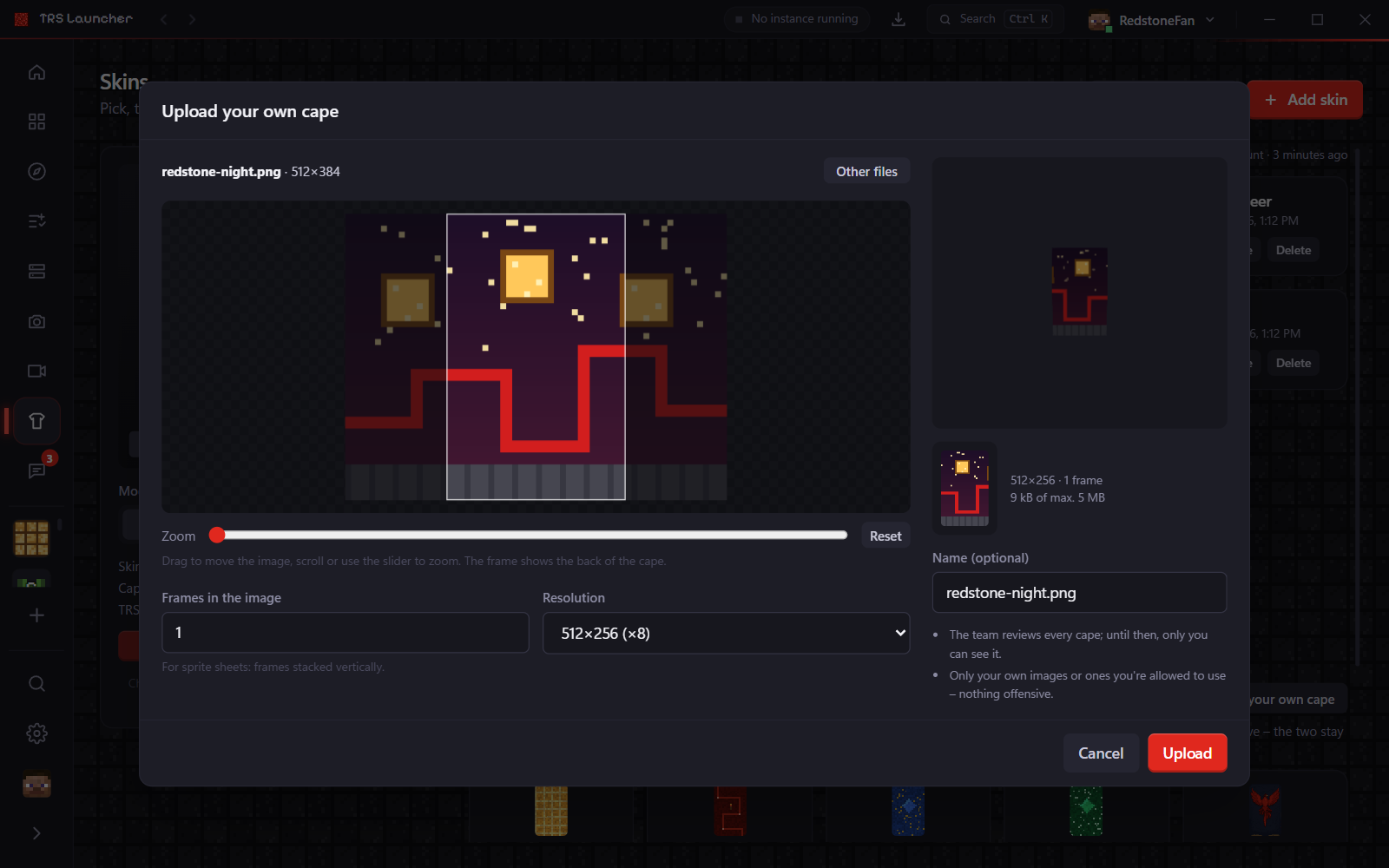 Uploading your own cape with the live preview