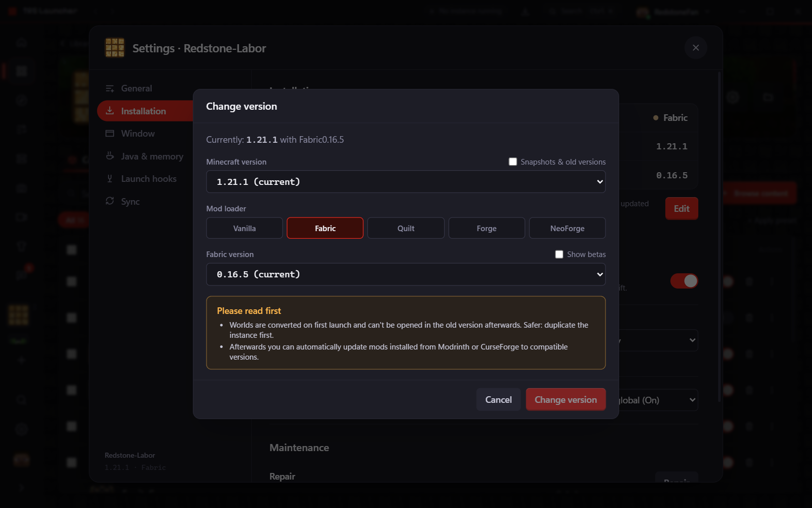 The "Change version" dialog with the loader version