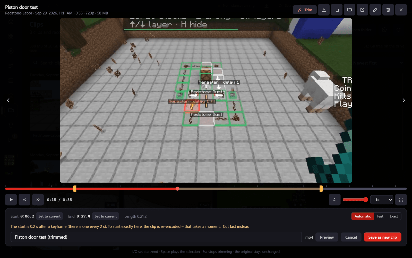 Trimming a clip in the clip player