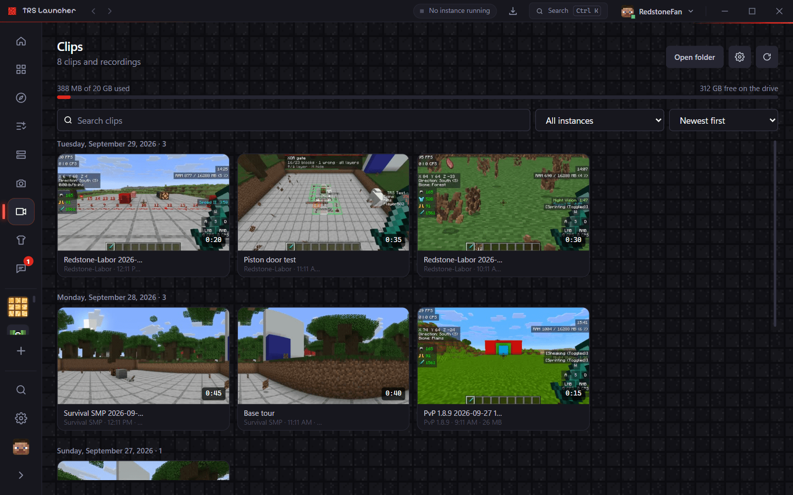 The clip gallery with preview tiles