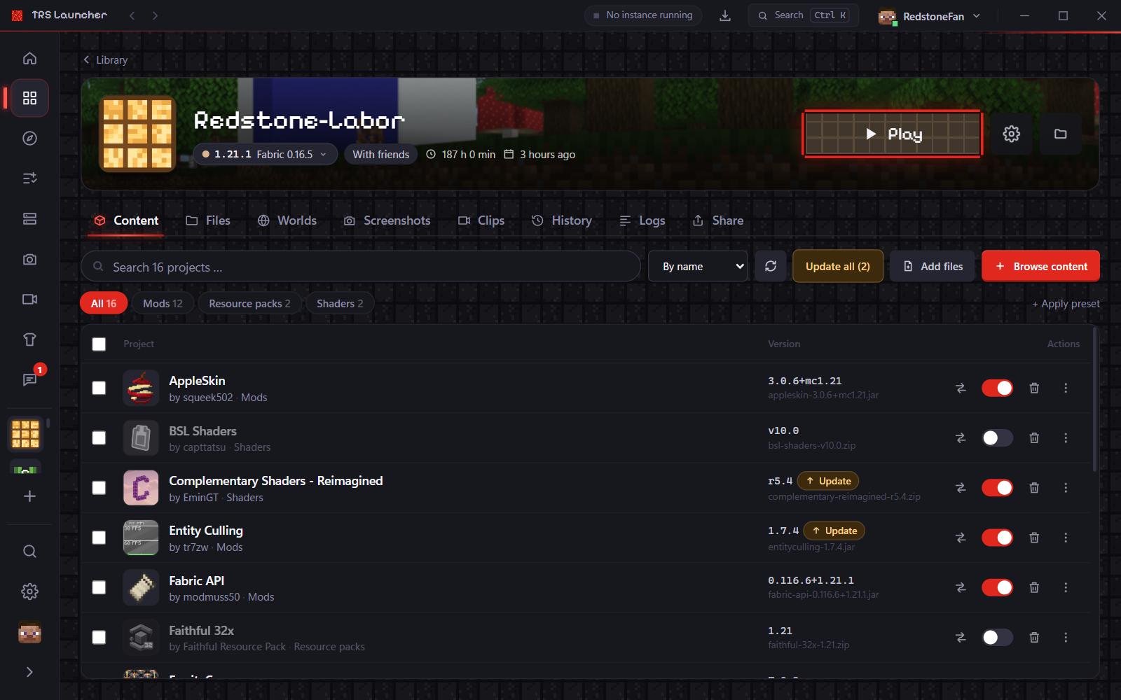 The Content tab of an instance with updates available