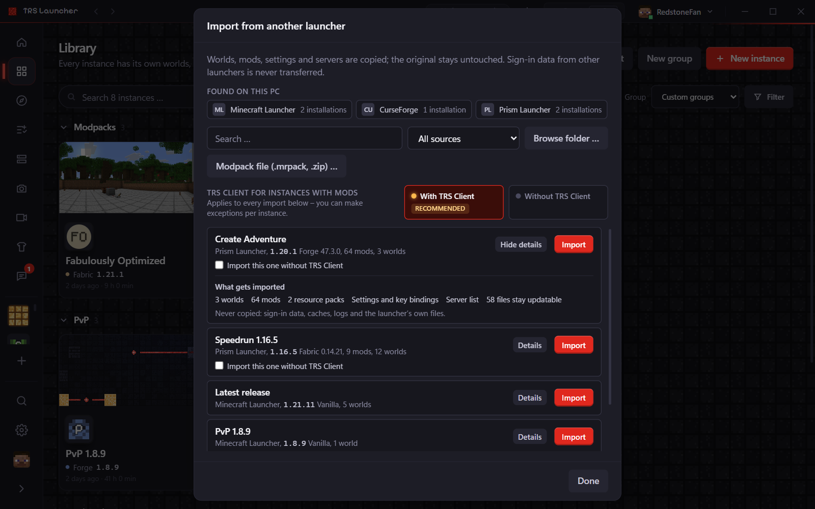 The import dialog with launchers found on this PC
