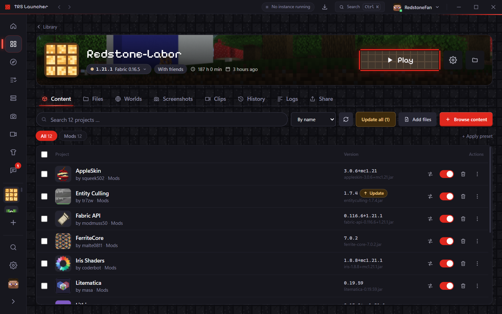The instance page with the Content tab