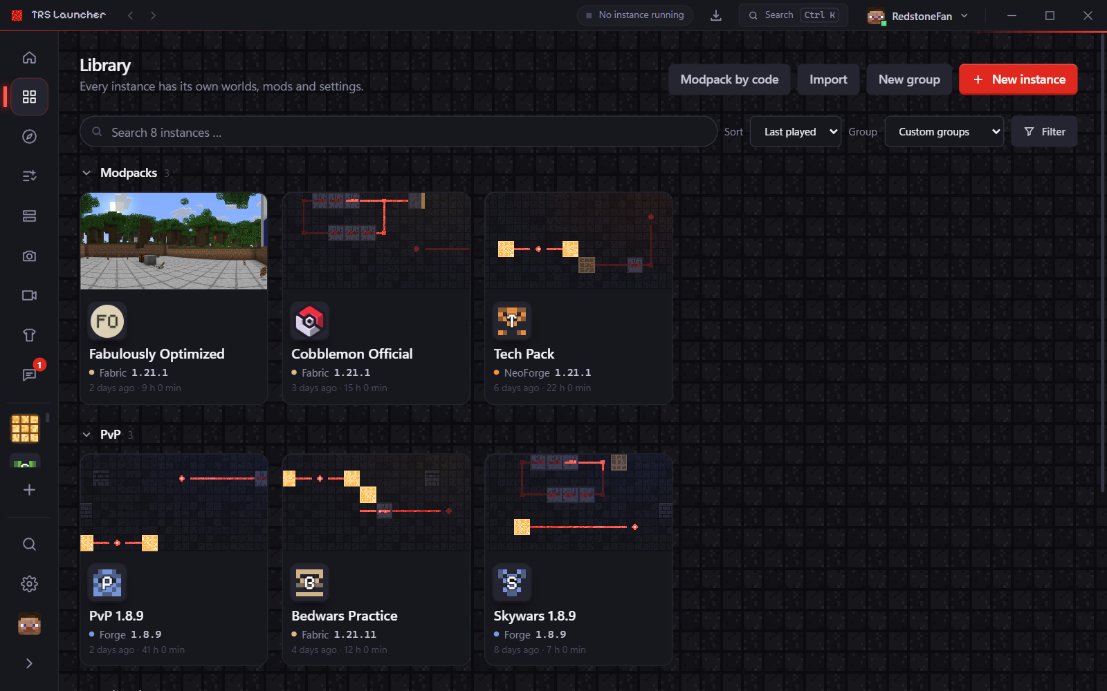 The library with instances sorted into groups