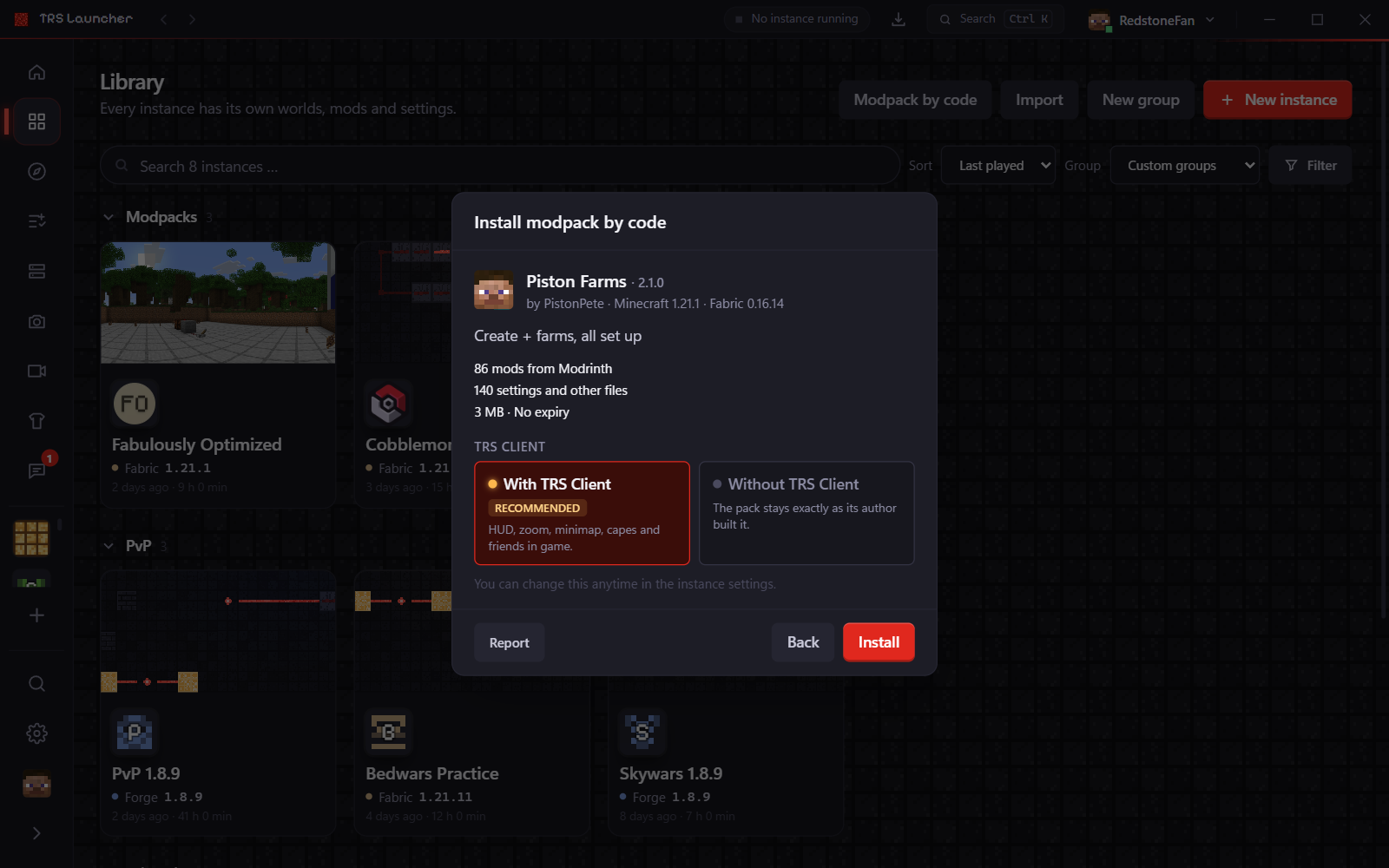 Installing a modpack by code