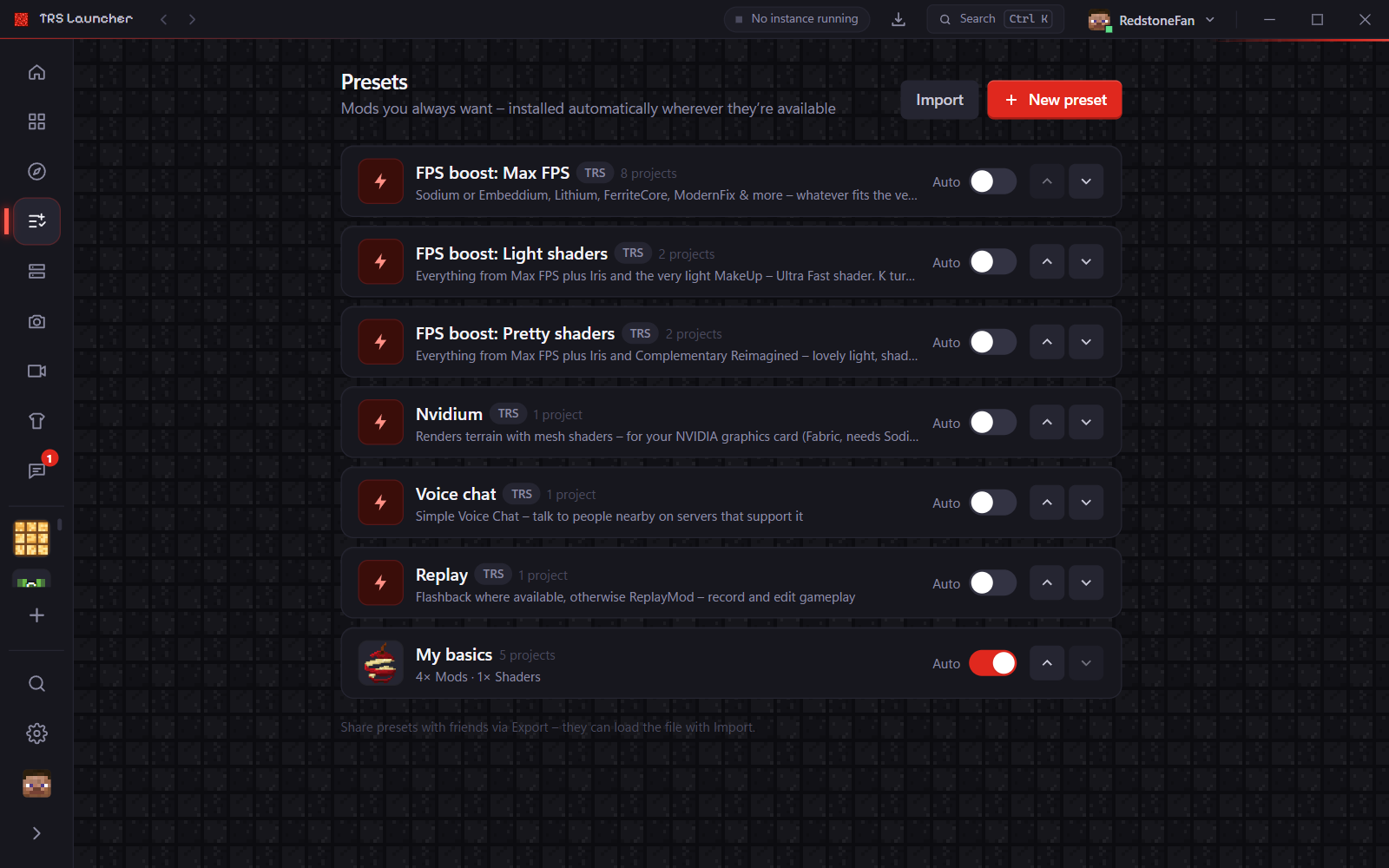 The Presets page with your own and the TRS presets