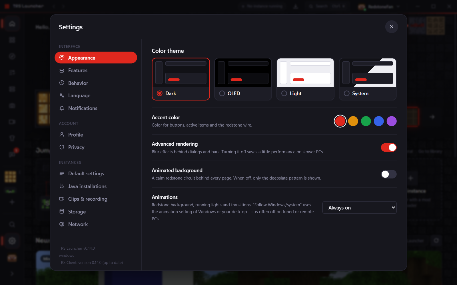 The settings window with the Appearance section