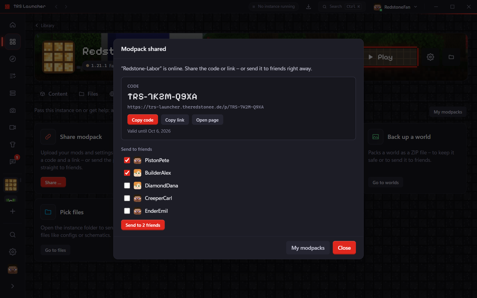 The result after sharing: code, link and "Send to friends"