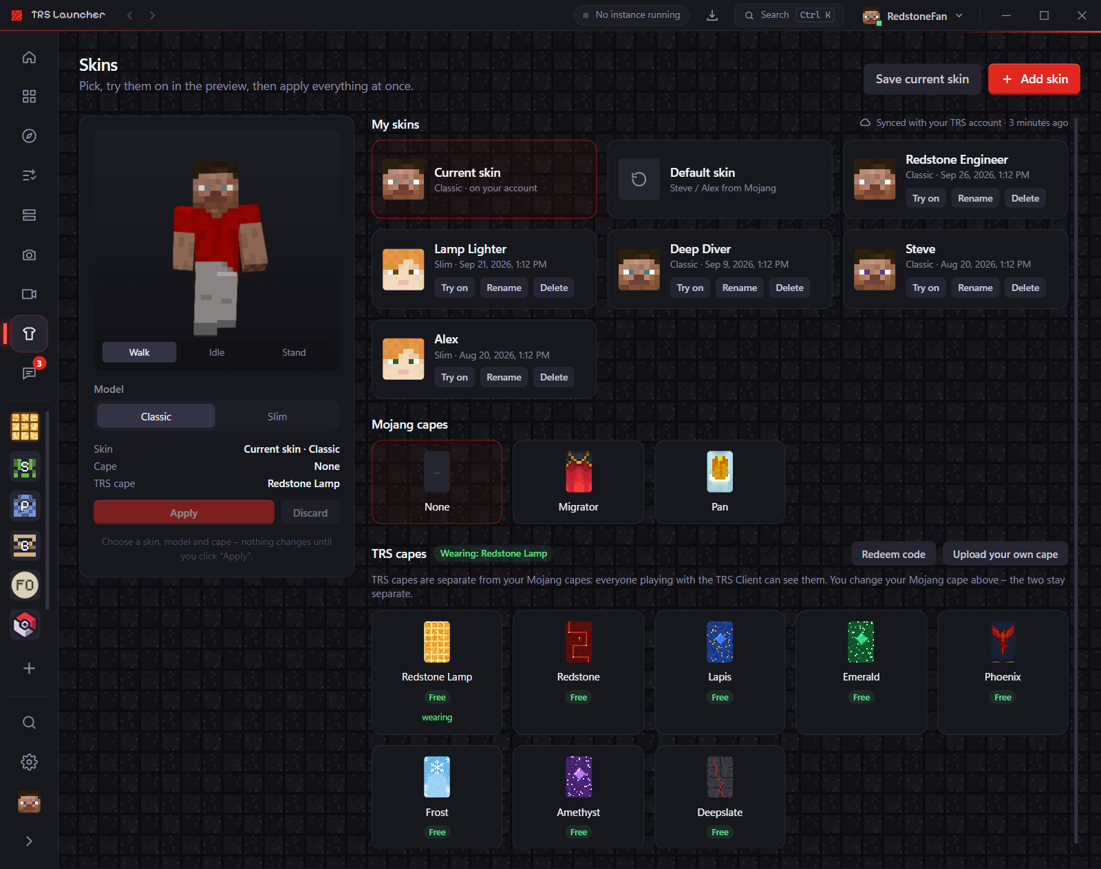 The Skins page with the 3D preview and your skin collection