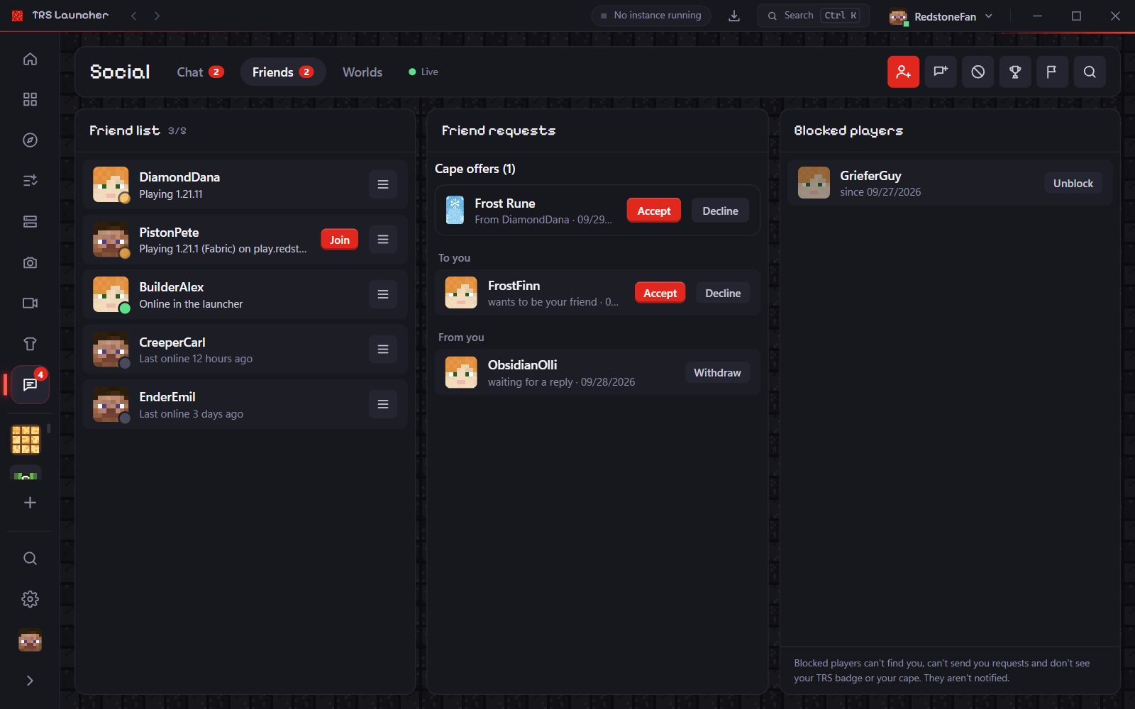 The Friends tab with friend list, requests and blocked players