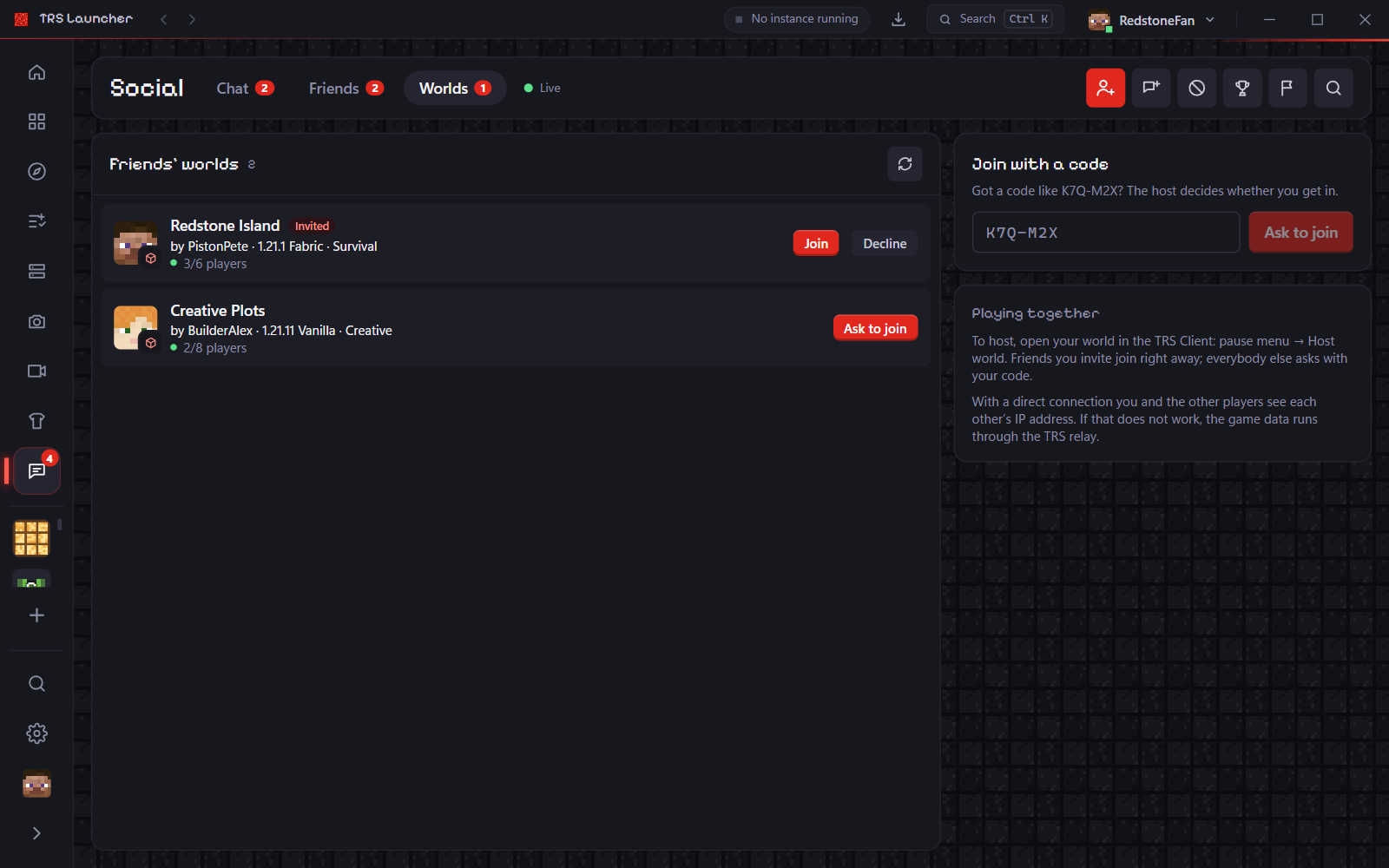 Social → Worlds with a friend's open world
